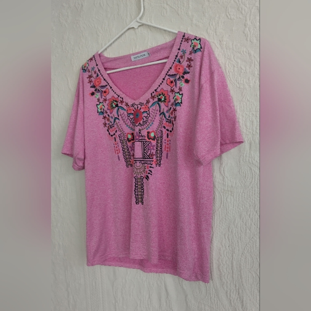 Misslook XL Pink Western T-shirt, Floral Pink Top, Bohemian V Neck Blouse - Picture 2 of 5